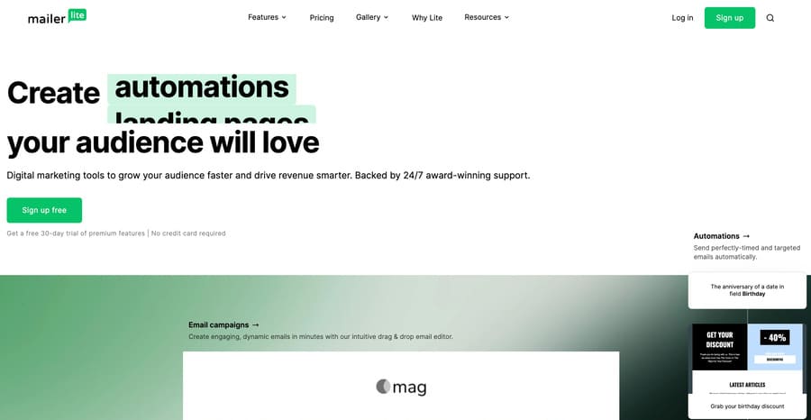 screenshot from mailerlite's homepage