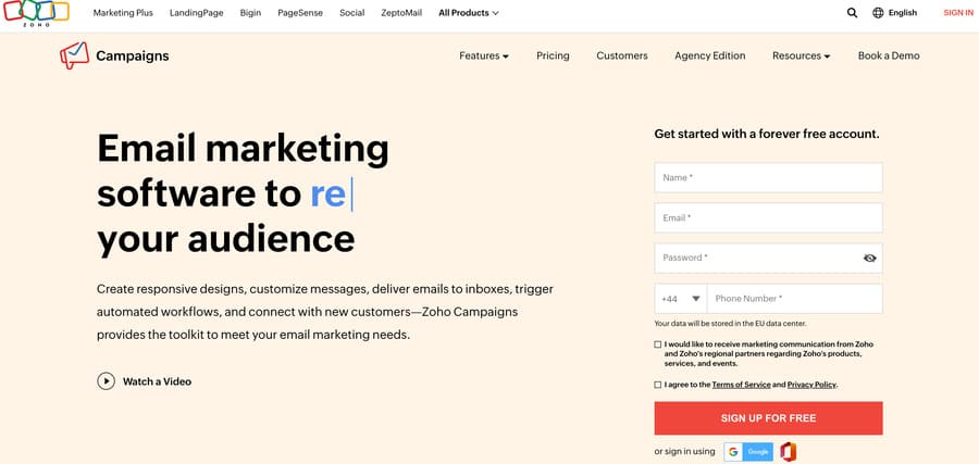 screenshot from zoho's homepage