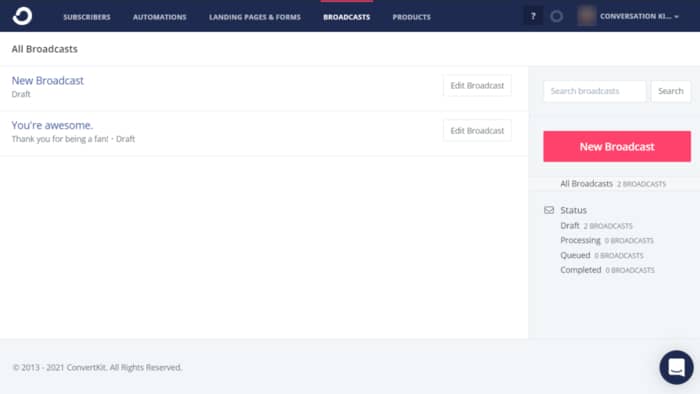 convertkit review broadcast emails