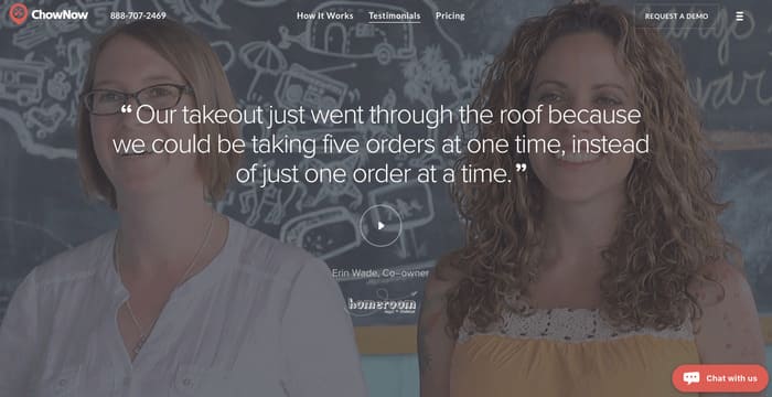 landing page optmization testimonial example from ChowNow