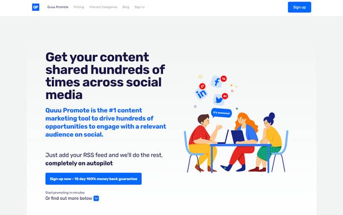 social media tools quuu promote homepage