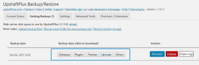 UpdraftPlus - download files