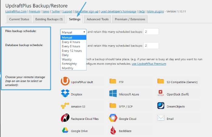 UpdraftPlus - set up backups