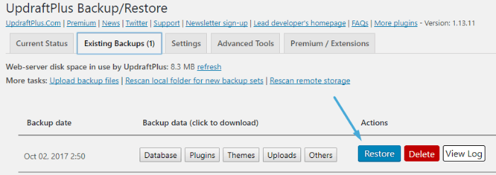 UpdraftPlus - one click restore