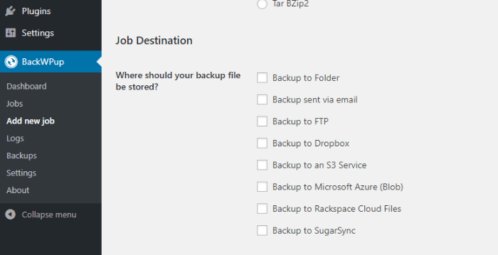 BackWPup - job destination