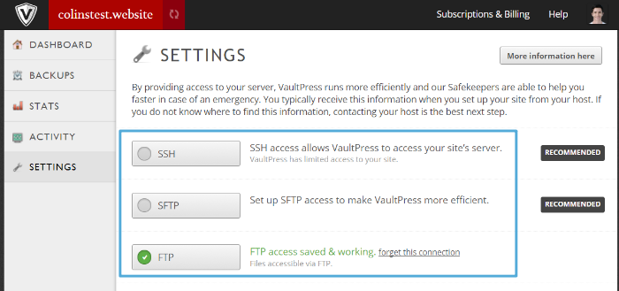 VaultPress - settings