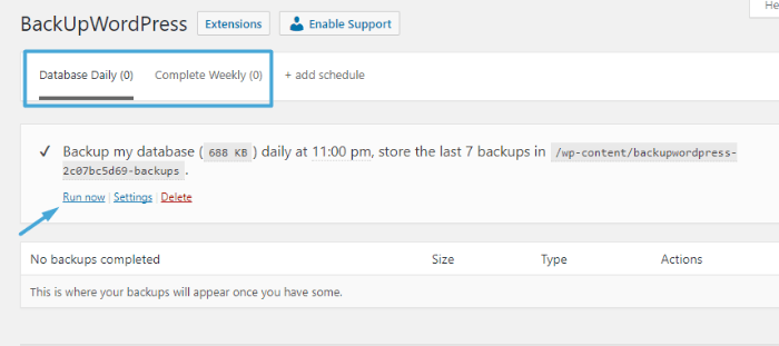 BackUpWordPress - manually create database
