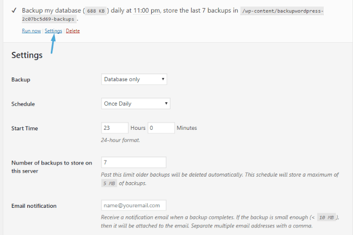 BackUpWordPress - change default schedule