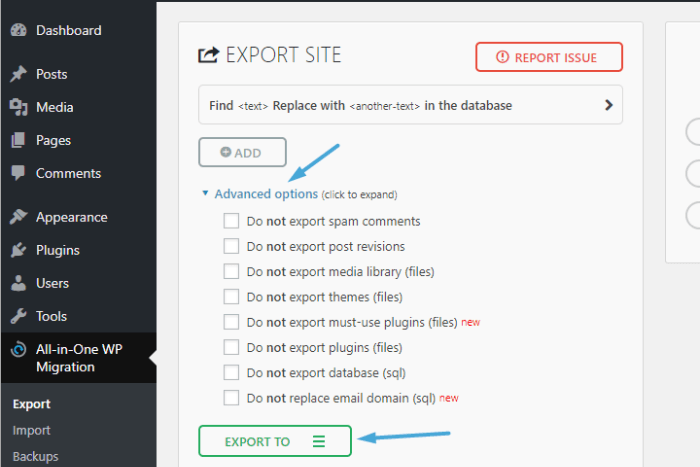 All-in-One WP Migration - create backup