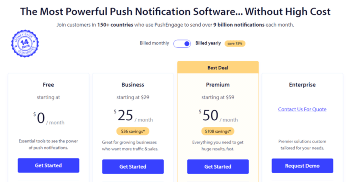 pushengage review pricing plans